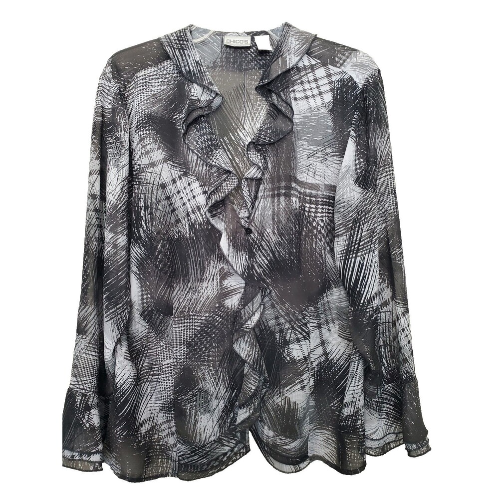 CHICO'S Abstract Print Ruffle-Front Bell Sleeve Loop Button-Up Blouse Sz 3 (XL)
